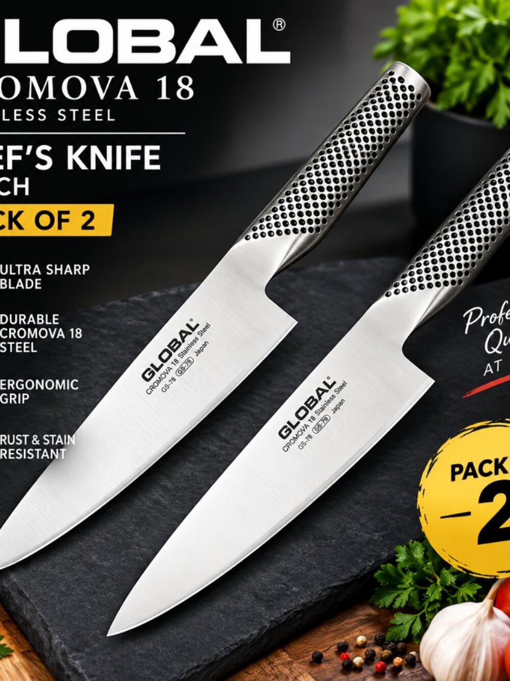 Global 8" Classic Stainless Steel Chef Knife – G2 Kitchen Cooking Knife pack 2